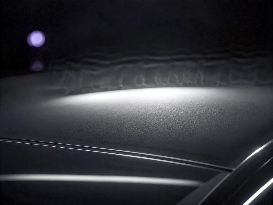 Panel de un auto bajo la lámpara infrarroja de curado, con la luz cayendo como un charco parejo sobre la superficie recién recubierta.