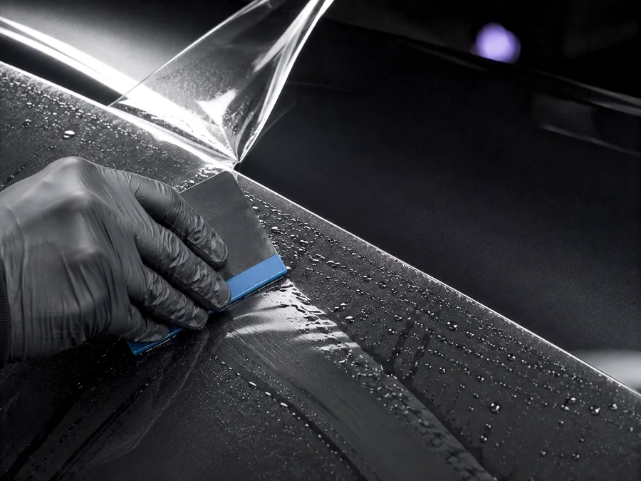 Instalación de película de protección: la lámina transparente levantada capta la luz mientras una espátula de canto azul empuja la solución sobre la carrocería.